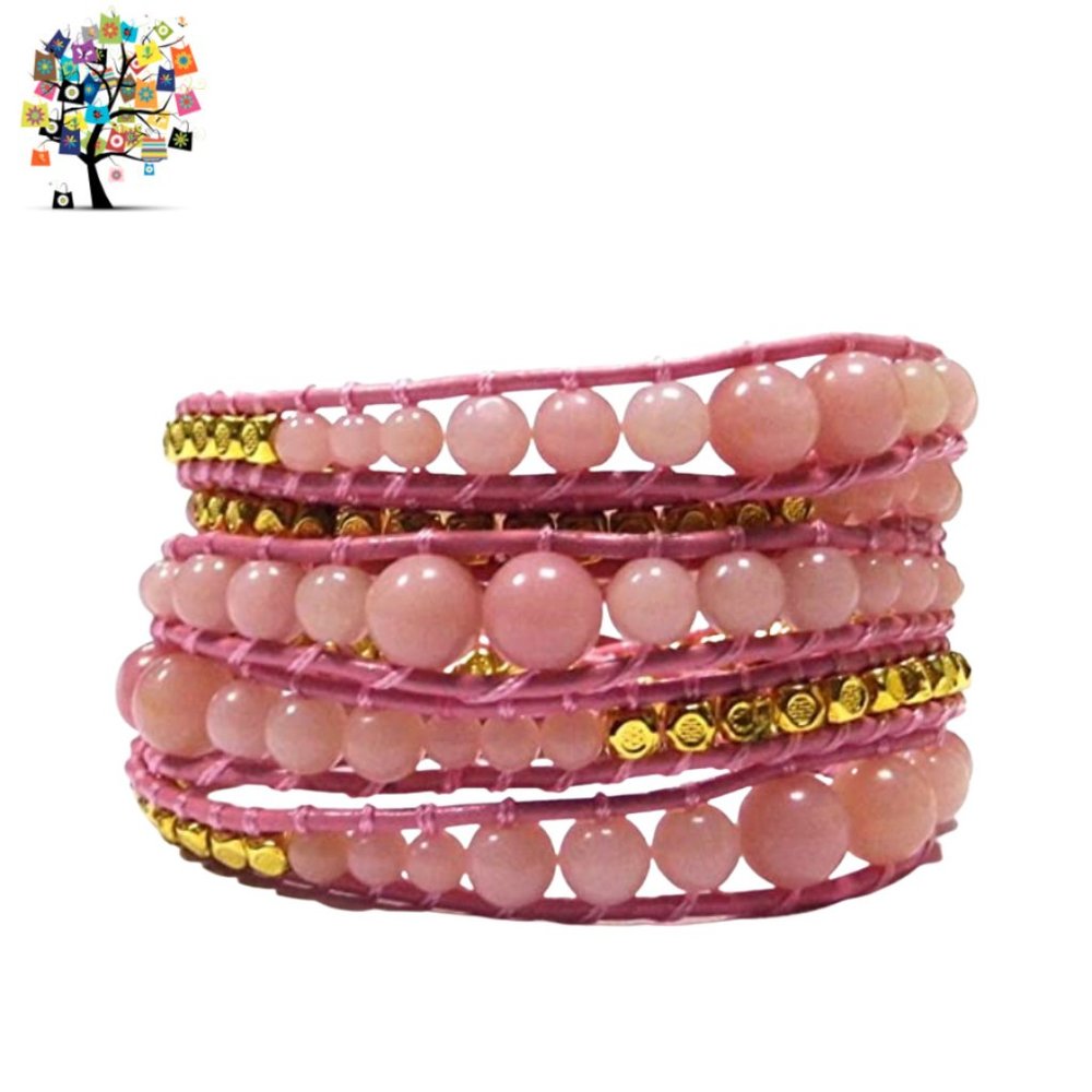 Beaded Wrap Bracelet Leather in Pink and Gold Tone Nugget Accents - Picture 3 of 3